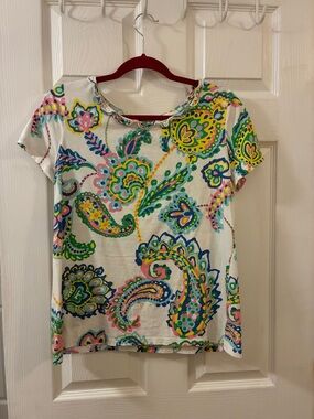 Talbots White Short Sleeve Paisley Tee with Multicolor Print
